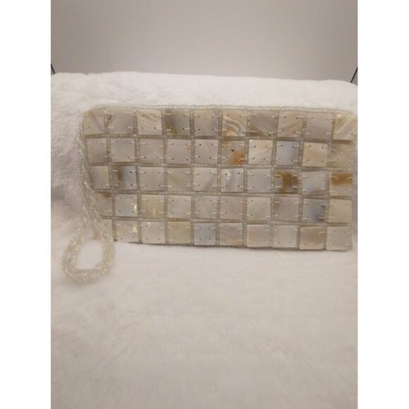 Elegant Mother of Pearl Beaded Satin Clutch Purse with Zipper & Wrist Strap - Picture 2 of 9